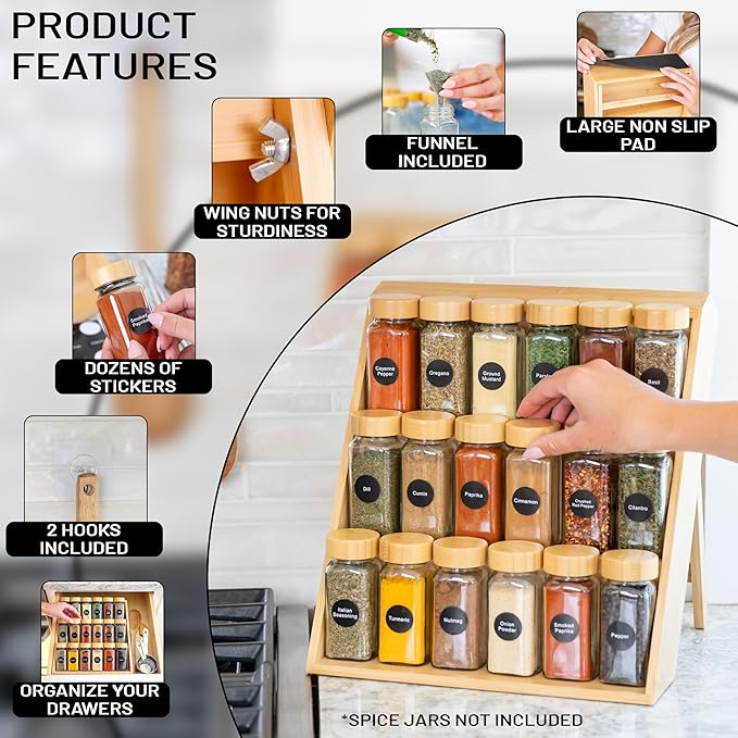 Extra Sturdy 3-Tier Bamboo Spice Rack – 12" W x 10" D x 13" H – Foldable Non-Slip Wooden Spice Organizer for Countertop, Cabinet & Drawer – Includes Labels, Funnel & Hooks – Spice Jars NOT Included