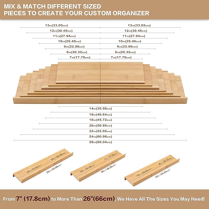Bamboo Spice Rack Drawer Organizer - 8 Pieces Set- 9" Wide Per Piece - Combine Pieces Into 18" Wide Rack (9" or 18")