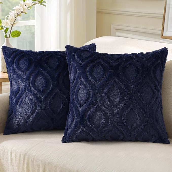 decorUhome Fall Throw Pillow Covers 22x22 Inch Set of 2, Soft Plush Decorative Faux Fur Navy Blue Solid Couch Pillow Covers, Accent Farmhouse Neutral Square Euro Pillow Cases for Sofa Bed Living Room
