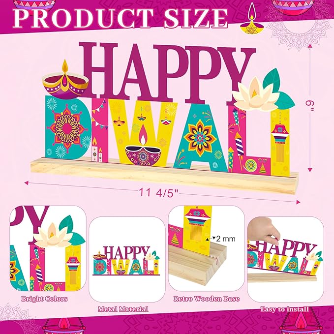 COCHIE Metal Happy Diwali Sign, Indian Festival of Light Table Centerpieces Decorations for Home, Office, Shelf, Mantel, Indoor, Traditional Party Supplies Decor (Diwali)