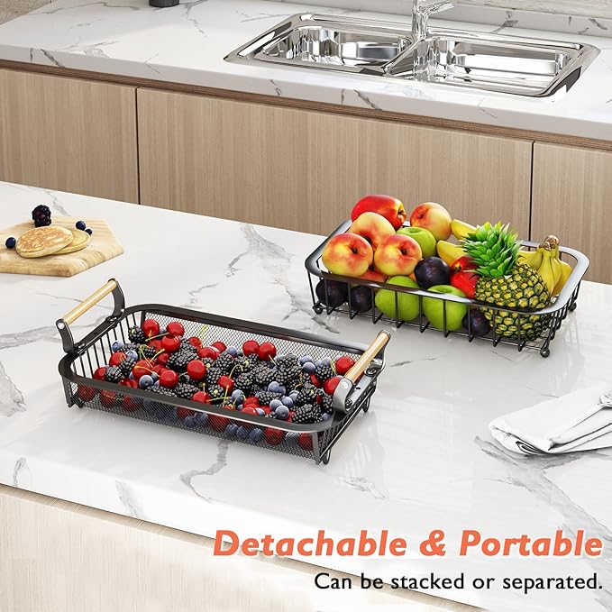 ANTOPY 2 Tier Fruit Basket with 2 Banana Hangers, Countertop Fruit Vegetable Basket Bowl for Kitchen Counter Metal Mesh Basket Fruits Stand Produce Holder Organizer for Onion Potato Bread Snack Veggie