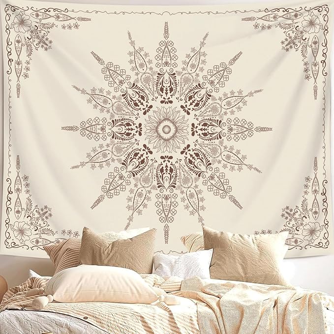 FORATER Floral Bohemian Tapestry, Flower Aesthetic Tapestry Indian Wall Hanging Boho Tapestries Mandala Room Decor for Bedroom Living Room Dorm (Flaxen, 61L x 53W)