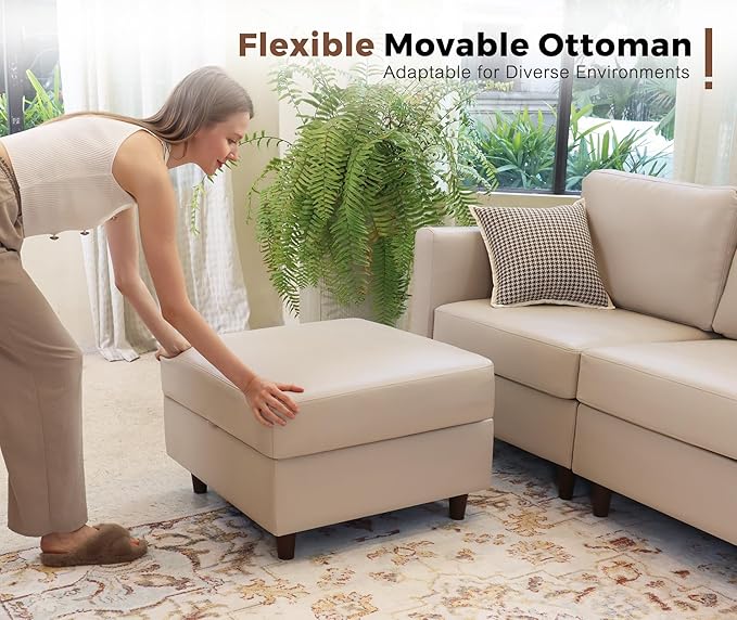 Faux Leather Single Sofa with Storage Ottoman, Modern Accent Chair Deep Seat Large Reading Armchair, Chaise Lounge Chair for Living Room Bedroom Office Whitesand