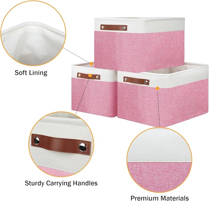 DULLEMELO Storage Baskets for Organizing, Shelves,Bedroom, Decorative Storage Bins with Faux Leather Handles, Fabric Storage Basket for Office, Toys(3-Pack, White&Pink)