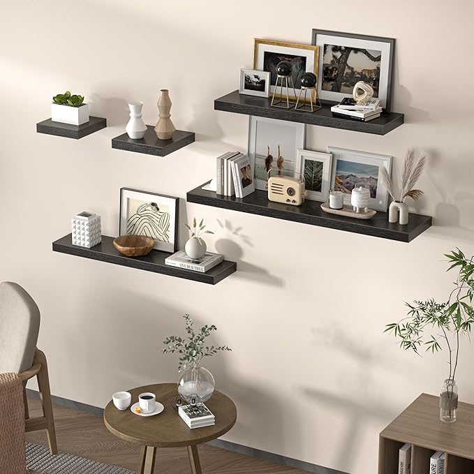 Floating Shelves for Wall, 24" W x 6.7" D x 1.5" H, Wooden Wall Mounted Display Shelves with Invisible Brackets for Living Room, Bedroom, Bathroom, Kitchen Decor and Storage, Set of 2, Black