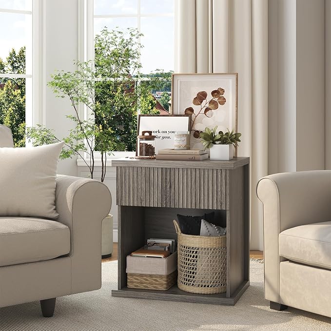 Fluted Nightstand Set of 2, 22.8" Wide Nightstands with Drawer Storage Large Wood BedsideTable Night Stands for Bedroom, Grey Oak