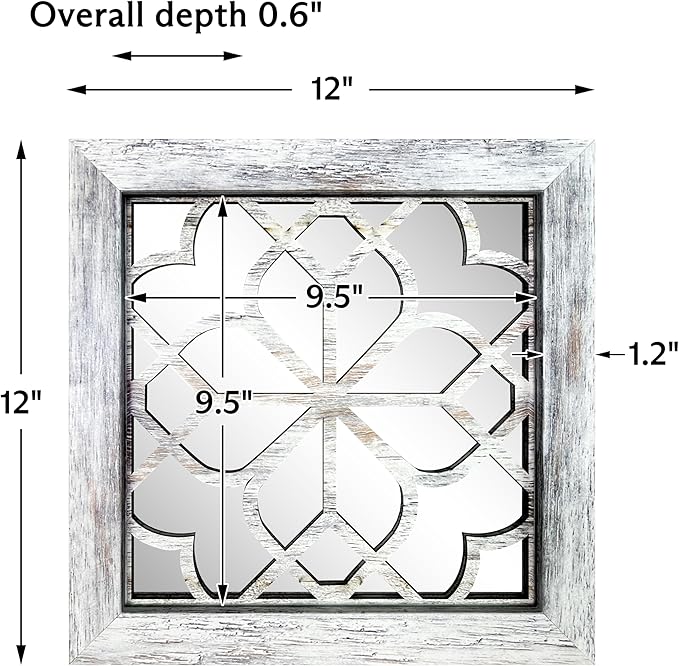 4pcs Farmhouse Wall Mirror with Carved Floral Design -Rustic Mirror Decor for Home, 12x12 inch(Grey)