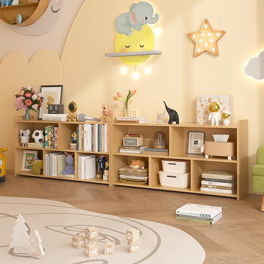 Book Shelf Set of 2, 5 Cubes Storage Organizer, Freestanding Log Bookshelf Cube Shelf for Bedroom, Living Room, Home Office, Open Bookshelf Wooden Bookcase