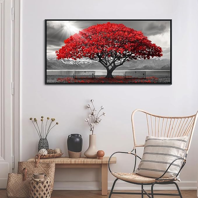 AJAZIKO Red Wall Art - Modern Framed Wall Art for Living Room - Red Tree Black and White Landscape Canvas Prints Posters & Prints for Home Office Bedroom Decorations - Large Wall Pictures 24×48IN