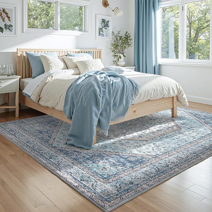 DCX Machine Washable Blue and Beige Area Rugs 5x7, Non Slip Stain Resistant Vintage Floral Rug for Living Room Bedroom Nursery, Soft Low Pile Large Carpet
