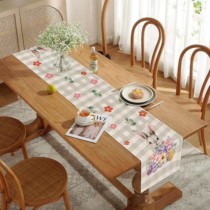 Easter Table Runner 13x72 Inch Bunny Rabbit Flowers Leaves Buffalo Plaid Eggs Seasonal Holiday Kitchen Dining Table Decoration for Indoor Kitchen Dining Home Party Decor