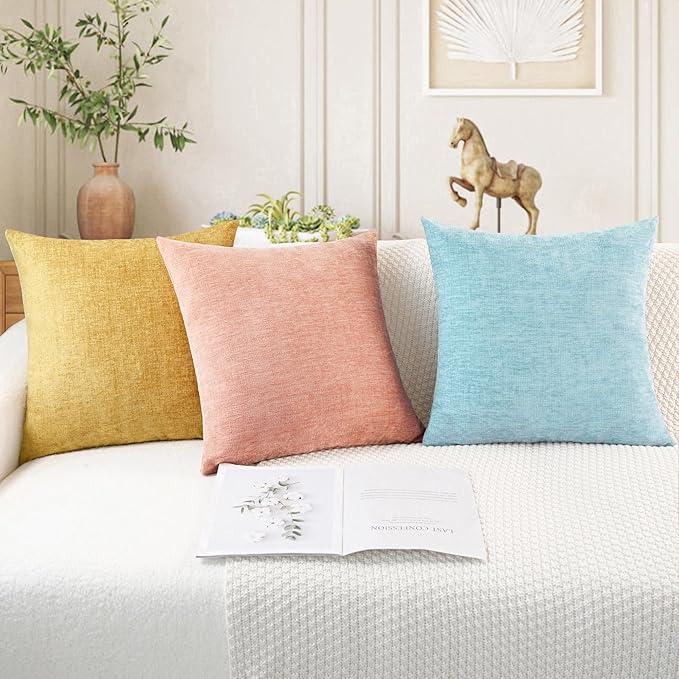 CaliTime Throw Pillow Covers Decorative 24 X 24 Inches Pack of 2 Cozy Chenille Cushion Cases for Couch Sofa Bed Living Room Home Light Blue Grey