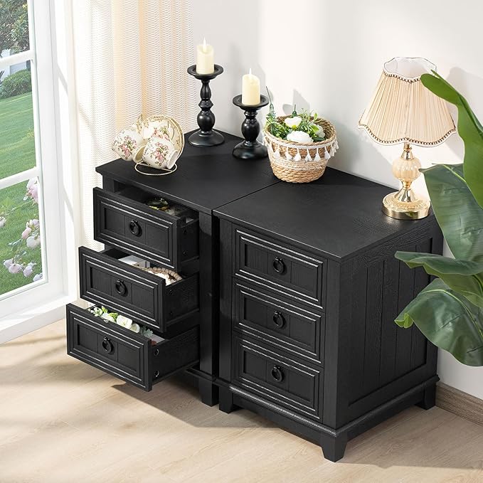 Farmhouse Night Stand Set of 2, 18" End Table with 3 Drawer Metal Handle, Dresser for Bedroom, Sofa Bed Side Table Chest of Drawers,Wood Nightstand Cabinet for Organizer, Living Room-Black
