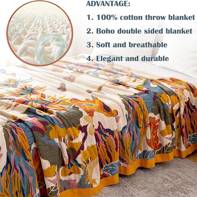 Boho Throw Blanket for Couch 100% Cotton Throw Floral Bed Blanket 80''x90'',Cotton Quilts Travel Knitted Muslin Blanket Home Decor Cozy Blankets for Women