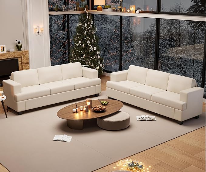 2 Pieces Corduroy Couch Set for Living Room, 6 Seats Cloud Sofa, Deep Seat Floor Couch for Bedroom, Futon Modern Sofa Bed, White Corduroy