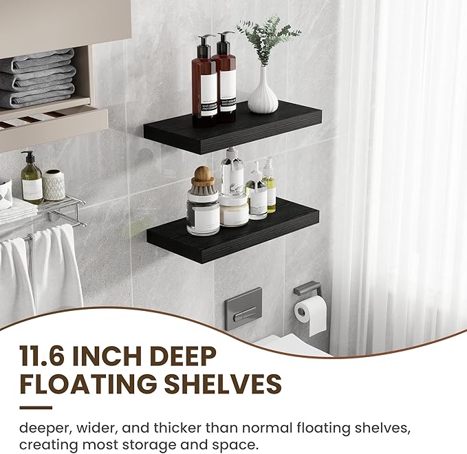 12 Inch Deep Floating Shelves, 24 Inch Long Floating Shelves for Wall, Floating Shelf with Invisible Brackets, Deep Shelves for Bathroom, Bedroom, Living Room, 2 Pack, Black