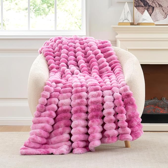 Cozy Bliss Faux Fur Throw Blanket for Couch, Cozy Warm Plush Striped Blanket for Sofa Bedroom Living Room,50 * 60 Inches Tie-dye Pink