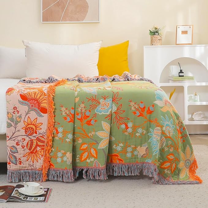 Boho Fall Throw Blanket for Bed，100% Ultra Cotton Soft Breathable Bed Throw Floral Printed Farmhouse Decor Rustic Bed Throws for Couch Sofa Quilt 90" x 98"-Orange& Sage Green