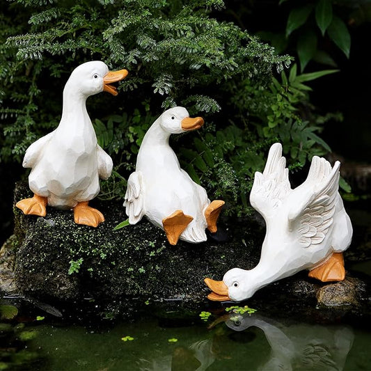 Duck Yard Decorations Outdoor Ornaments Set of 3, Resin Goose Sculpture Statue Front Porch Garden Decor for Outside Imitation Wood Carving, Funny Animal Decorations Fairy Craft Yart Art Decor