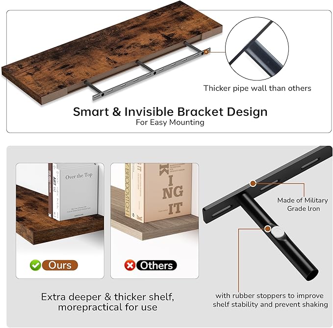 Fun Memories Floating Shelves - 12 Inch Rustic Wooden Wall Shelves - Extra Deeper & Thicker Wall Mounted Storage Shelf for Living Room, Kitchen, Farmhouse - 48" W x 12" D x 1.8" H - Brown