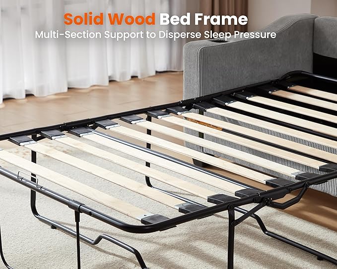 CHIC HOUSE Pull Out Sofa Bed, Full Size Sleeper Sofa, 2-in-1 Convertible Corduroy Couch with USB Charging, Memory Form Couch for Living Room, Apartment and Small Space (Grey, Corduroy - Queen Size)