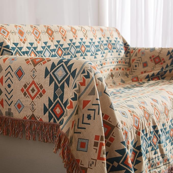 Boho Throw Blanket for Couch Sofa Bed, 100% Cotton Woven Quilt with Tassel 60”x80”, Super Soft Muslin Blanket with Patchwork Printed, Decorative Reversible Bed Blanket/Cover for All Seasons