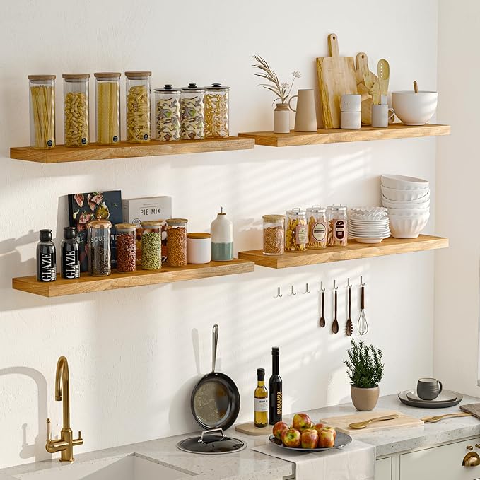 Fun Memories Solid Elm Wood Floating Shelves, 36 Inch Floating Shelves for Wall, Wall-Mounted Wooden Shelves with Invisible Heavy-Duty Brackets for Books, Bathroom, Kitchen, Natural, 2 Pack