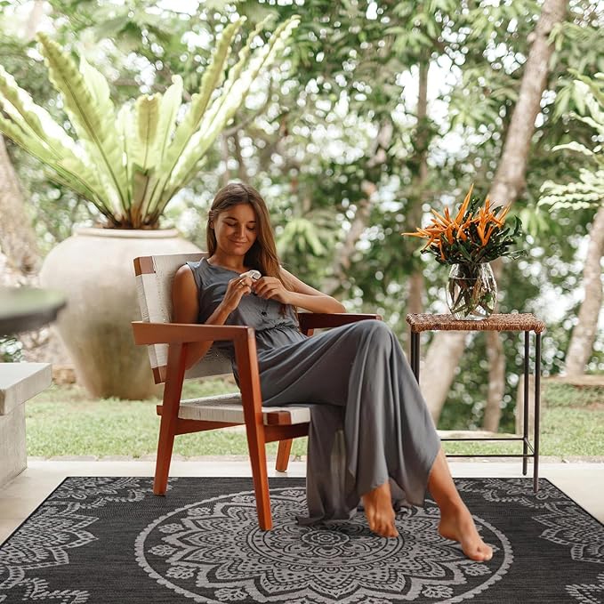 CAMILSON Outdoor Rug 5x7 Modern Area Rugs for Indoor and Outdoor Patios and Porches - Waterproof Washable Non-Shedding Easy-to-Clean Outside Carpet (5 x 7, Medallion - Dark Grey/Light Grey)