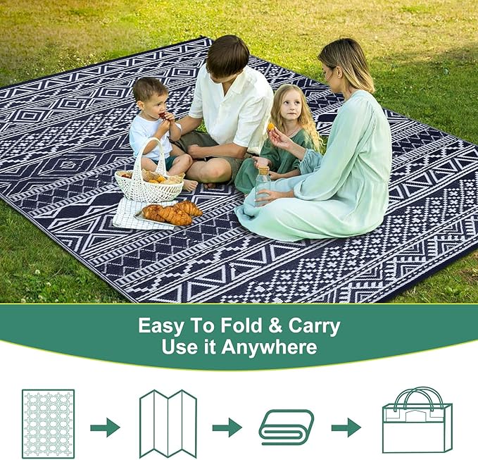 GAOMON Outdoor Rug Waterproof 8'x10', Reversible Outdoor Plastic Straw Rug, Boho Patio Rug, Indoor Outdoor Carpet, RV Mat Outside for Patio, Camp, Picnic, Balcony, Deck, Dark Blue/White(Bohemia)