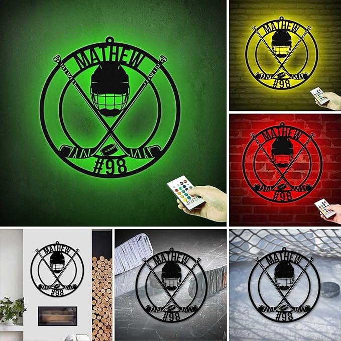 Custom Hockey Stick LED Sign – Personalized Name Signs, Neon Wall Light with Puck Metal Sign, Hockey Room Decor for Boys, Players, Man Cave, Fans, Coaches