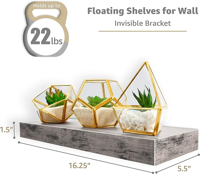 Sorbus Floating Shelves for Wall, Bathroom Shelves Wall Mounted for Kitchen, Bedroom, Bathroom Storage Over Toilet, Hanging Book Shelf for Wall Home Decor Living Room (Gray, 3 Pack)