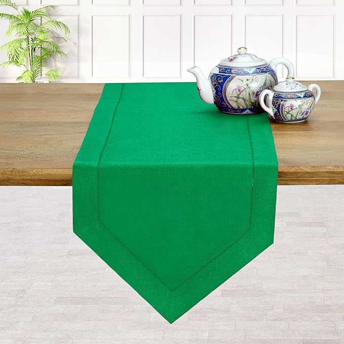 D'Moksha Homes Kelly Green Linen Table Runner 90 Inches Long - 100% Pure Linen Diamond Table Runner 14 x 90 Inch for Dining, Fall and Halloween - Machine Washable