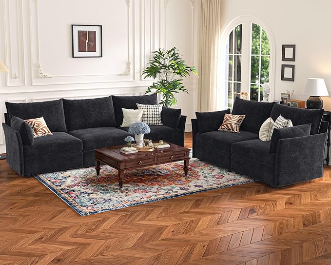 102.6" U Shaped Modular Sectional Sofa, 5 Seater Couch with Storage Ottoman Deep Seat and High Backrest with Removable Cover for Living Room, Apartment - Chenille Black