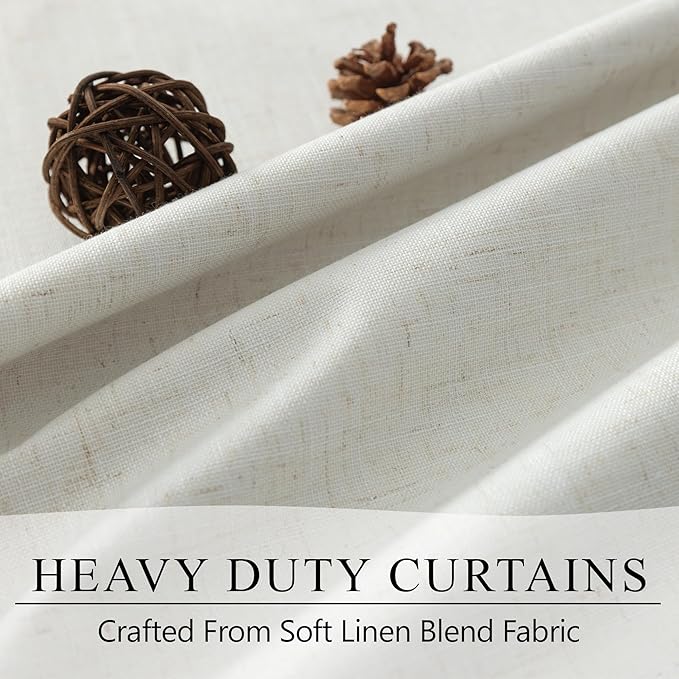 Natural Linen Blackout Curtains 84 Inch Length 2 Panels for Bedroom Living Room Darkening 100% Black Out Ivory Cream Curtain with White Back Tab Modern Farmhouse Thermal Insulated Boho Drapes 7ft Long