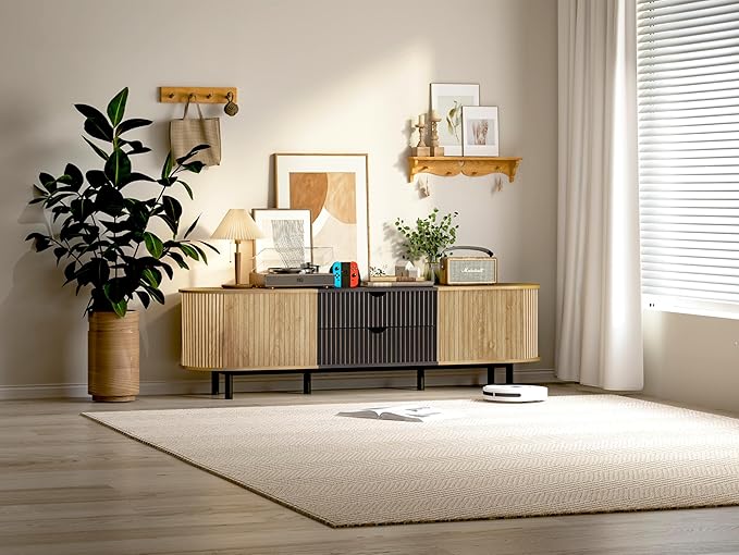 71" Tambour Door TV Stand,Wood Mid Century Modern TV Cabinet for Up to 85“ TV,Curved Edge Long TV Stand with Storage for Bedroom Living Room(Natural, 71inch)