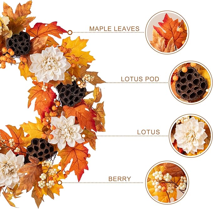 Glitzhome 24" D Fall Sorghum Wreath with Metal Hanger, Harvest Wreath for Front Door, Fall Door Wreaths for Indoor Outdoor Thanksgiving Harvest Holiday Decorations