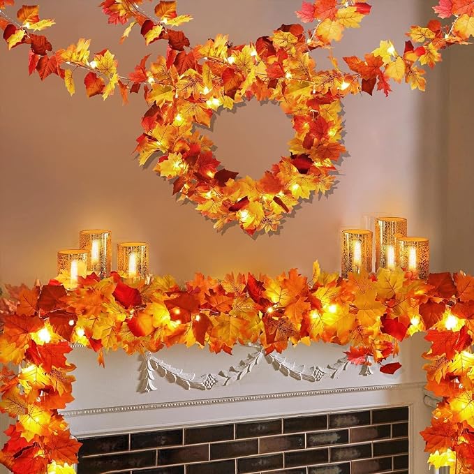 4 Pack Fall Decor Garland - Fall Thanksgiving Decorations for Home - 23.6Ft Maple Leaves Garland with Lights Battery Operated for Mantle Fireplace Table Indoor Outdoor Autumn Halloween Christmas Decor