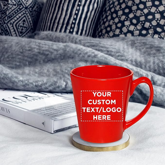 DISCOUNT PROMOS Custom Glossy Ceramic Latte Coffee Mug 12 oz. Set of 10, Personalized Bulk Pack - Perfect for Tea, Espresso, Cappuccino, Hot Cocoa - Red