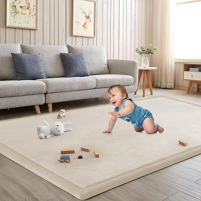Baby Play Mat for Floor Tummy Time Mat Nursery Rug Muscle Area Rug Playroom Tatami 79"x138" Memory Foam 1.3" Thick Crawling For Babies,Toddlers, Infants, Kids,Floor(Beige)
