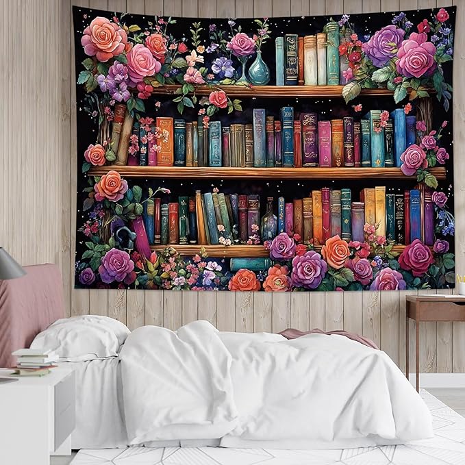 HVEST Bookshelf Tapestry Pink Floral Green Leaf Watercolor Plant Botanical Aesthetic Tapestry Wall Hanging Vintage Library Book Wall Decor for Bedroom Living Room Dorm, 40L x 60W Inches
