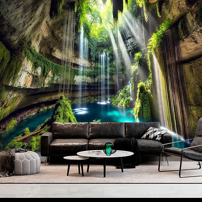 BSFHH Nature Tapestry Forest Tree Sea Cave Wall Hanging, Stream Through Rainforest Landscape Wall Art Tapestry for Bedroom Living room (Fall, 79"×59", Unframed)