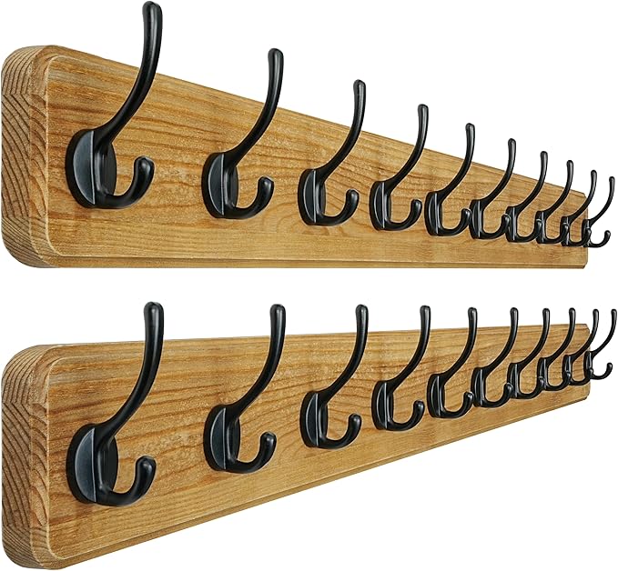 Dseap Coat Rack Wall: 38-1/4" Long, Patented, Heavy-Duty, 10-Double-Hooks Wooden Wall Mounted Coat Rack Coat Hanger Hook Rail for Winter Coats Hat Jacket Clothing, Weathered Brown, Pack of 2