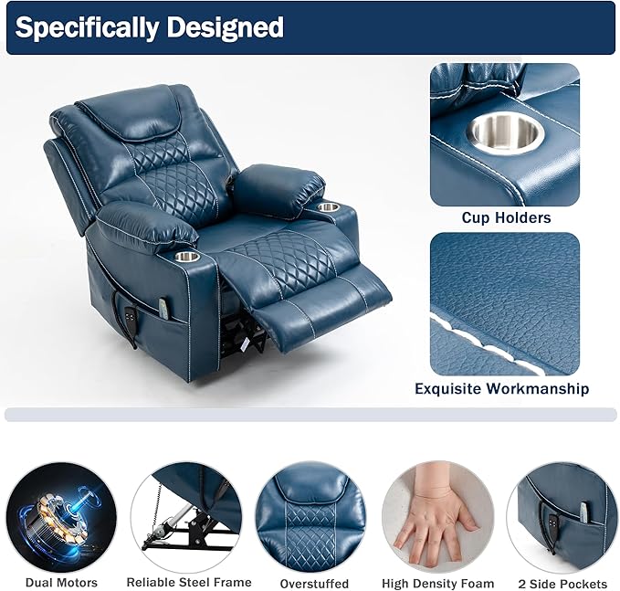 Dual Motor Power Lift Recliner Chair for Adults Elderly, Lay Flat Faux Leather Recliners with Massage Heating, Infinite Position, 2 Cup Holders, 2 Side Pockets, Up to 400LBS