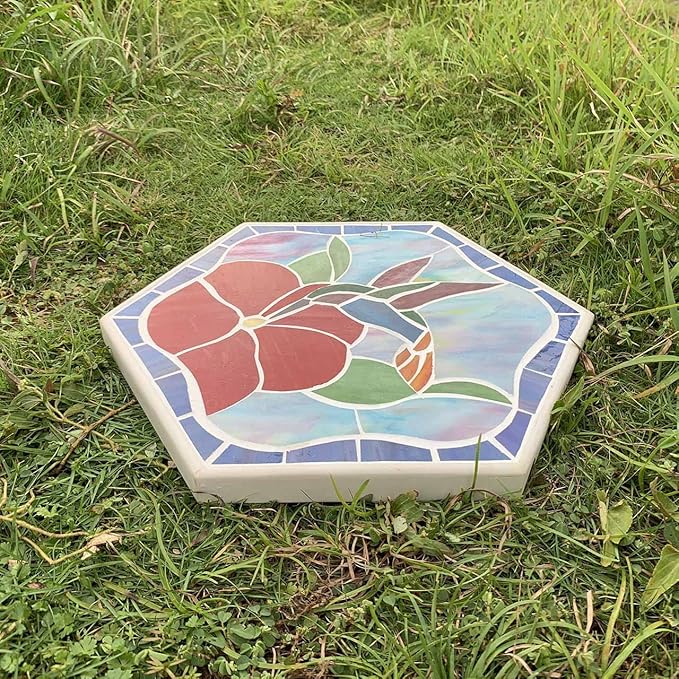 Bieye MSS003 Tiffany Style Stained Glass Mosaic Decorative Stepping Stone for Garden Decor (13" Hexagonal, Hummingbird)