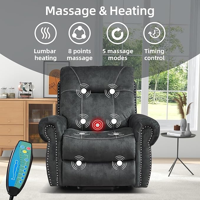 EBELLO Electric Power Recliner Chair with Massage and Heat, Soft Fabric Massage Recliner for Adults, Overstuffed Single Reclining Sofa, Vintage Rivet Mid-Century Design for Living Room, Grey
