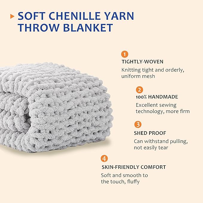 L'AGRATY Chunky Knit Blanket Throw: 80''x90'' Chenille Chunky Knitted Throw Blanket for Bed Couch - Handmade Thick Big Cable Knit Blanket - Large Chunky Crochet Rope Blanket for Home Decor(Grey)