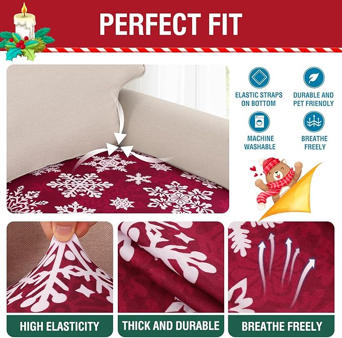 H.VERSAILTEX Christmas Sofa Slipcover Fleece Stretch Chaise Cover Sectional Couch Covers for L Shaped Sofa Both Left/Right Snowflakes Sofa Cover for Christmas (1 Piece Chaise Cover, Snowflakes)