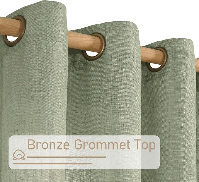 LAMIT Living Room Linen Curtains 95 Inch for Bedroom, Bronze Grommet Linen Textured Sheer Curtains Light Filtering Burlap Drapes for Farmhouse, 2 Panels, 52 x 95 Inch, Sage Green