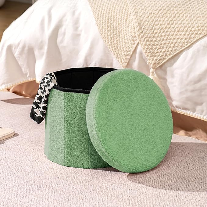 B FSOBEIIALEO Storage Ottoman Cube, Round Ottomans with Storage Foot Stool Footrest for Lving Room, Boucle Ottoman Seat for Dorm Room,Faux Teddy Fur, Green 15"x15"x15"
