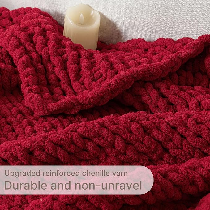 Chunky Knit Blanket Throw, 100% Hand Knit Throw Blanket Handmade Chenille Cable Knit Throw for Couch, Stylish Cozy Soft Rope Knot Crochet Blanket for Home Decor, Red, 50x60 Inches